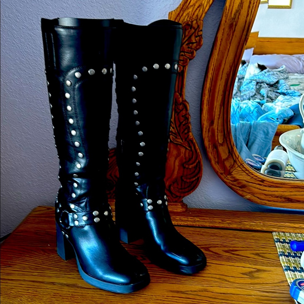 Black Studded Knee-High Boots